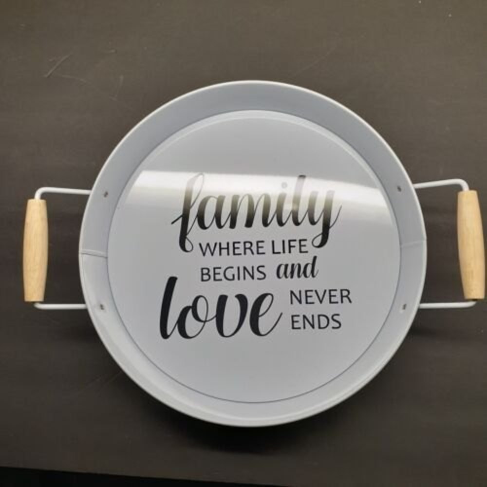Family Where Life Begins and Love Never Ends Metal Tray wood handles Black White